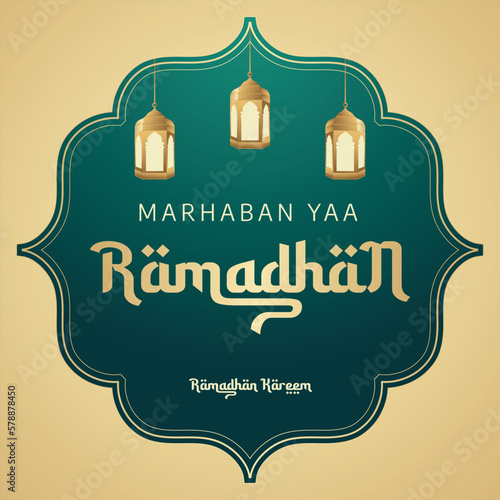 vector graphic of marhaban yaa ramadhan good for welcome ramadhan celebration. flat design. flyer design.flat illustration. photo