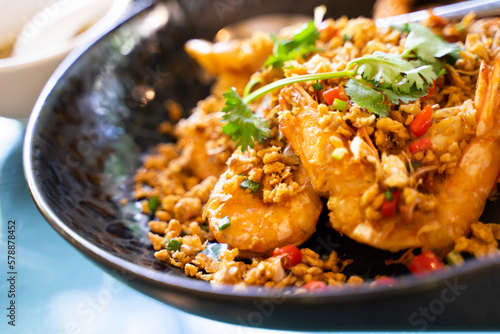 Garlic fried prawns, delicious Thai food in a bowl ready to be served