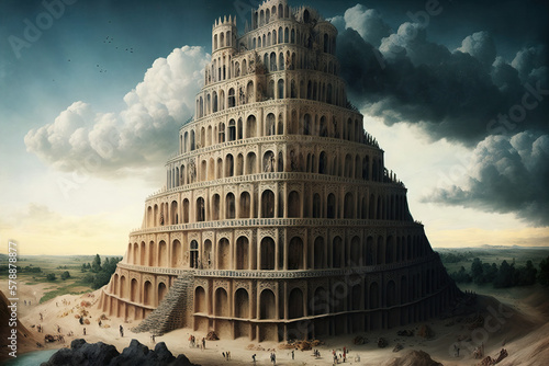 Fotobehang Epic Tower of Babel painting with grandiose style. Generative AI