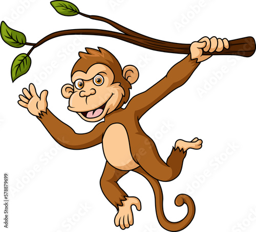 Cute little monkey cartoon hanging on tree branch