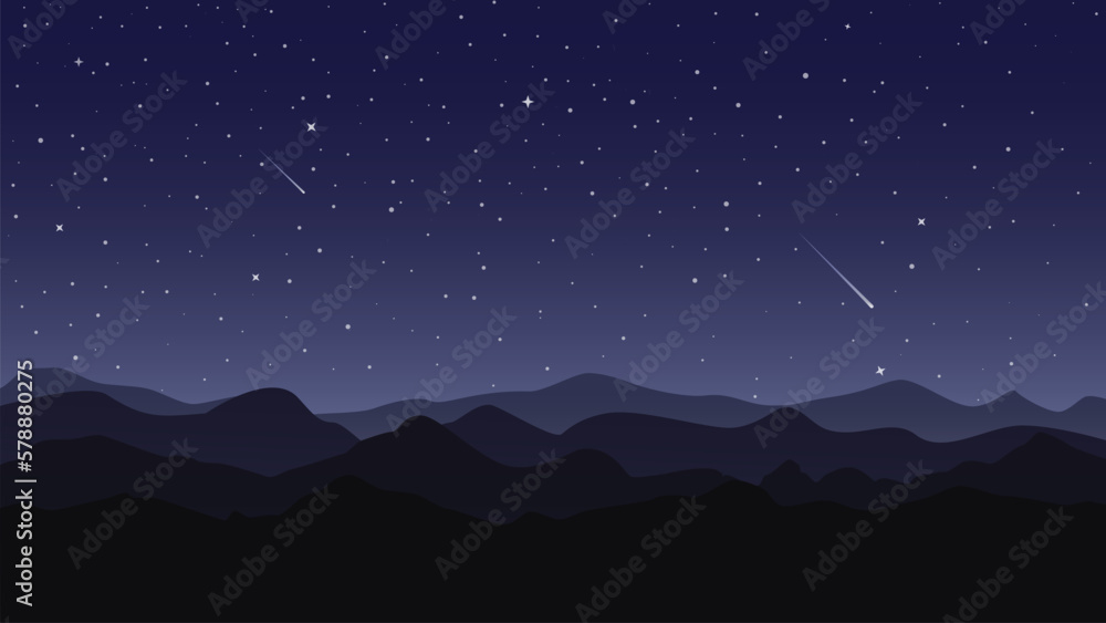 Night sky with stars and mountains. Vector illustration