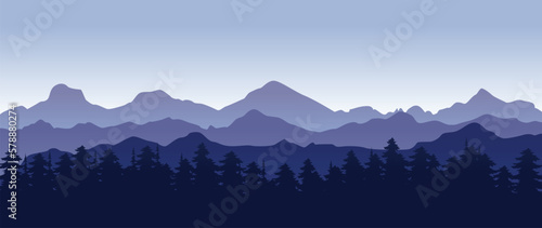 Fototapeta Naklejka Na Ścianę i Meble -  Beautiful dark blue mountain landscape with fog and forest. Pine forest. Sunrise and sunset in mountains.  Outdoor and nature concept. Vector illustration.