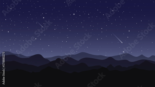Night sky with stars and mountains. Vector illustration