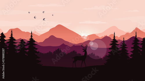 Vector landscape with silhouettes of mountains, trees and a deer with sunrise or sunset sky. Pine forest. Outdoor and nature concept. Vector illustration.