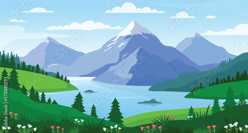 Mountain lake landscape vector illustration. Panorama of spring summer beautiful nature, meadow with flowers, forest, scenic blue lake and mountains on horizon background. 