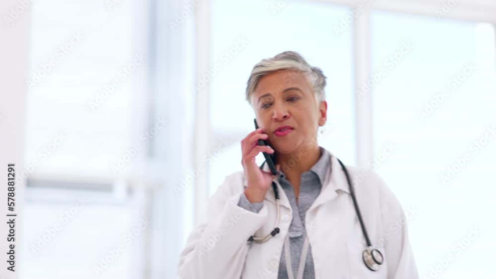 Mature, doctor and phone call in hospital networking, telehealth treatment help or healthcare wellness support. Talking, medical and worker woman on mobile communication technology for life insurance Mature, doctor and phone call in hospital networking, telehealth treatment help or healthcare wellness support. Talking, medical and worker woman on mobile communication technology for life insurance