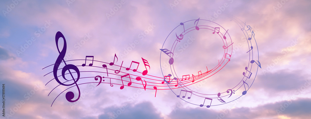 Treble clef and swirly staff with musical notes against sunset sky, banner design Treble clef and swirly staff with musical notes against sunset sky, banner design