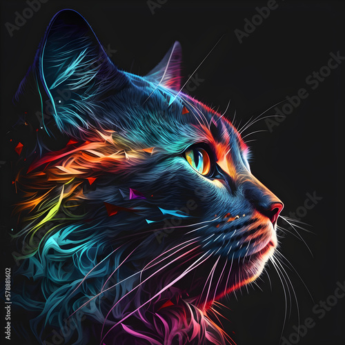Cat Colorful, neon colors, black background, 