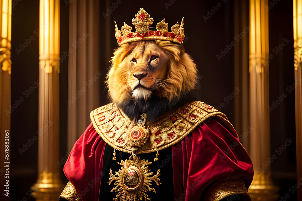 The lion person dressed in kings clothes  and the crown on his head. Generative ai