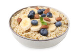 Bowl of delicious cooked quinoa with almonds, bananas and blueberries isolated on white
