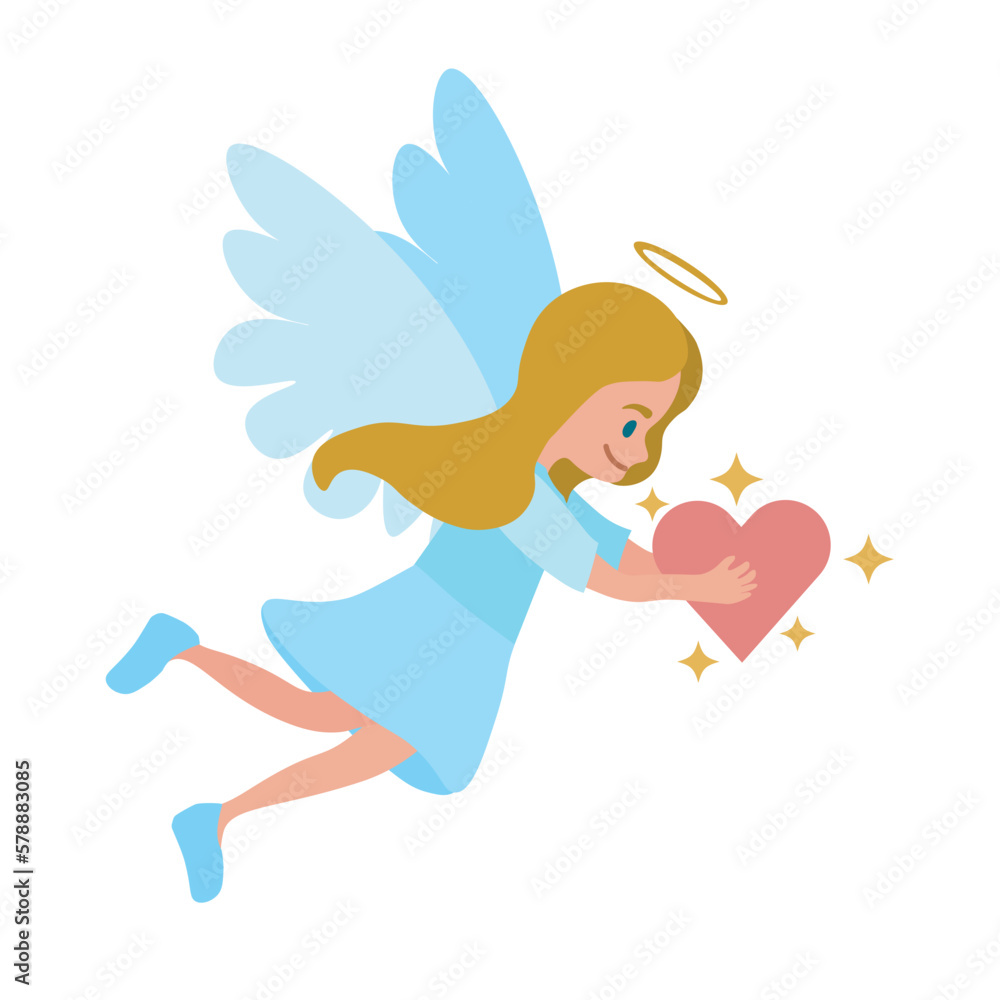 Cute blonde angel with light blue wings holding shiny heart in hands. Happy Angel is flying. Vector of flat illustration isolated on white background. Cute blonde angel with light blue wings holding shiny heart in hands. Happy Angel is flying. Vector of flat illustration isolated on white background.