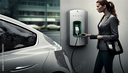 Female businesswoman charging her electric vehicle. Generative AI