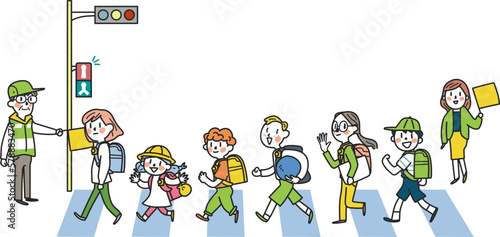 交通指導ボランティア見守りの元、元気に登下校する小学生たち　イラスト素材										
