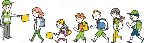 交通指導ボランティア見守りの元、元気に登下校する小学生たち　イラスト素材										
