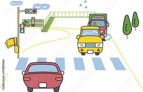 通学路の信号のある横断歩道の様子　イラスト素材	
