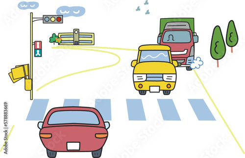 通学路の信号のある横断歩道の様子　イラスト素材	

