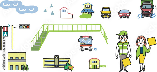 通学路にある交通安全指導に使える　イラスト素材　セット	
