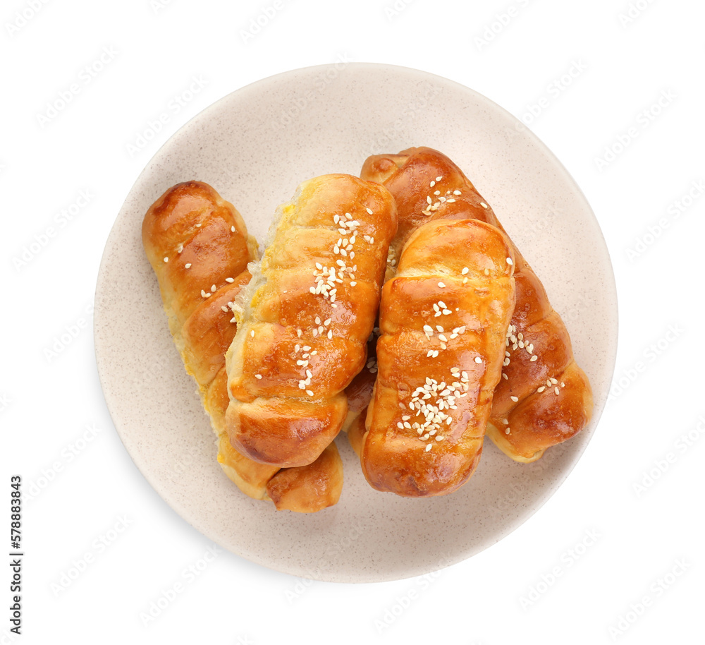 Plate with delicious sausage rolls isolated on white, top view