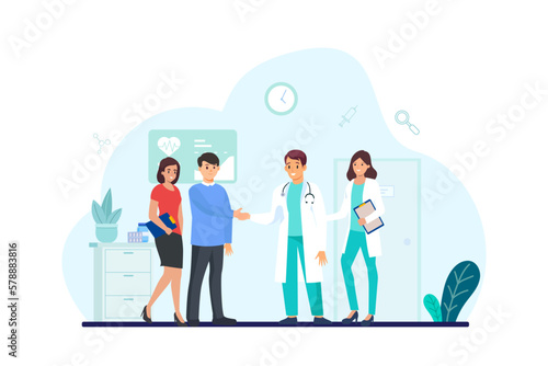 Health care and life insurance concept. Doctor and patient people consult medical exam at hospital. Vector illustration