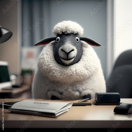 Sheep Using Clothes Work at Office Business Center. Generative AI