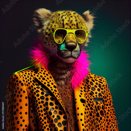 Fotografia Realistic lifelike cheetah in fluorescent electric highlighters ultra-bright neon outfits, commercial, editorial advertisement, surreal surrealism