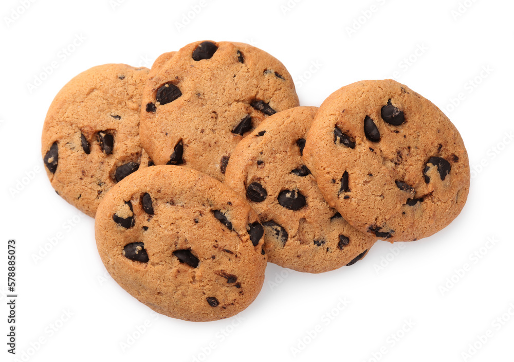 Delicious chocolate chip cookies isolated on white, top view Delicious chocolate chip cookies isolated on white, top view