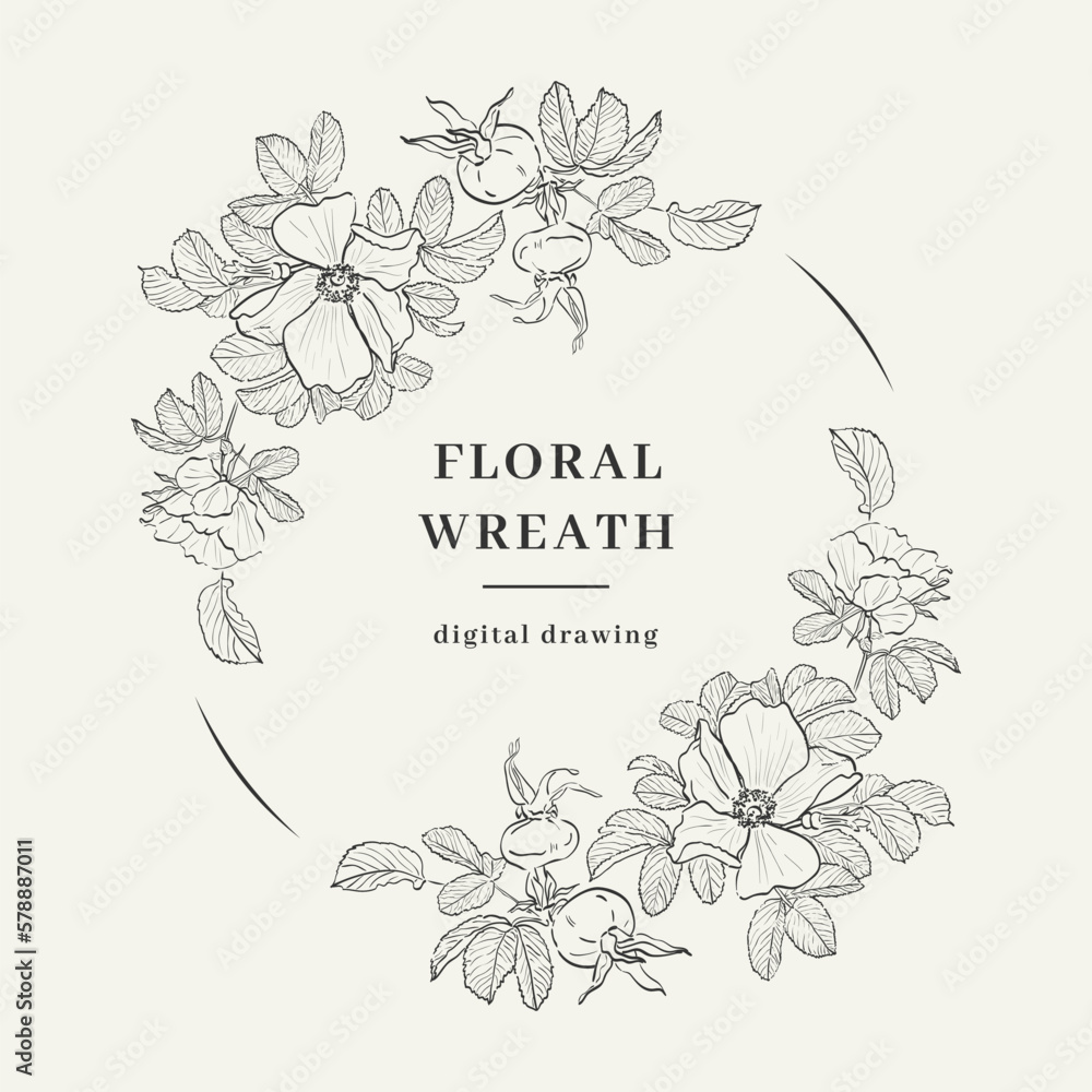 Floral Wreath Rosehip, Circle monogram, Hand-drawn floral branch. Elegant floral frame Vector illustration