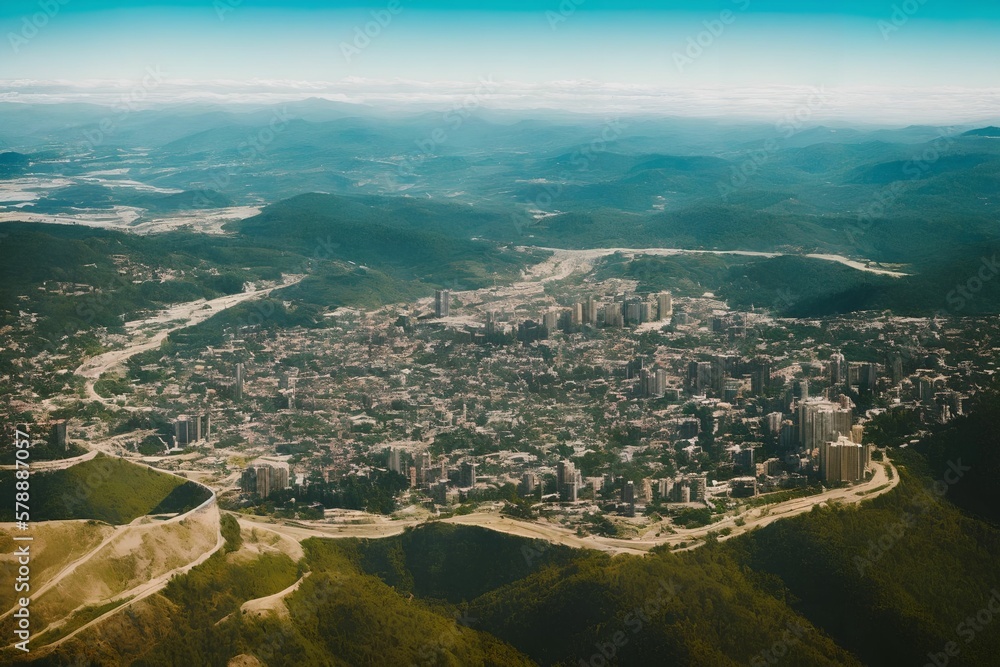 aerial view of big city building on top of mountain , generative art by A.I