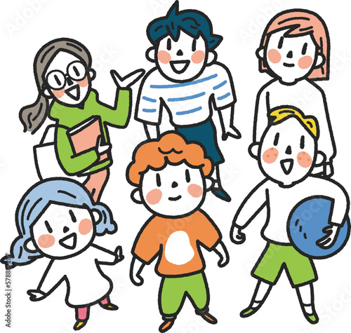 空を見上げる元気な小学生たち　イラスト素材	
