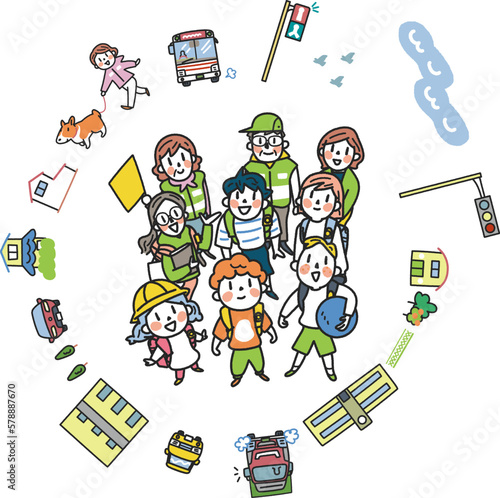 元気な小学生たちとそれを見守る手に交通旗を持った交通指導員と先生　セット　イラスト素材			
