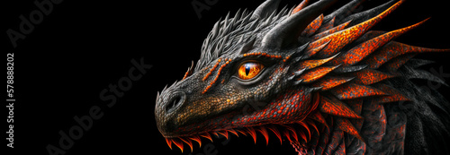  Dragon head and eye close up, Head shot of a orange and grey fantasy dragon with fiery orange eye on black background. Image created with generative ai. photo