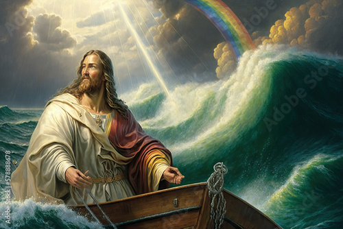 Fotografia Jesus Bringing Serenity to a Turbulent Sea with Rainbow and Calm Waters
