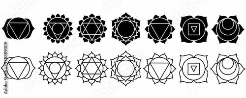 outline silhouette seven chakra symbols set isolated on white background.muladhara,svadhishthana,manipura,anahata,vishuddha,ajna,sahasrara photo