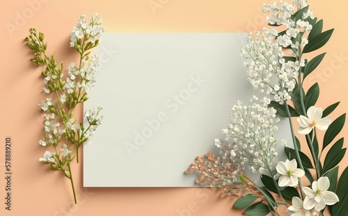 white paper on pastel color background with flowers on the side, Generative AI