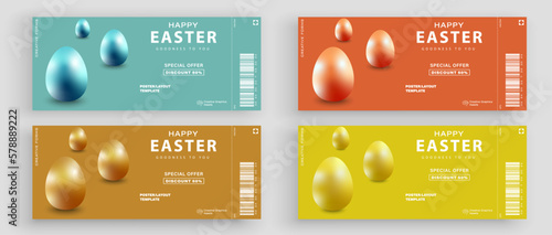 Set of Easter ticket. Easter background with realistic eggs. Vector illustration for poster, greeting cards, booklets, promotional materials, website
