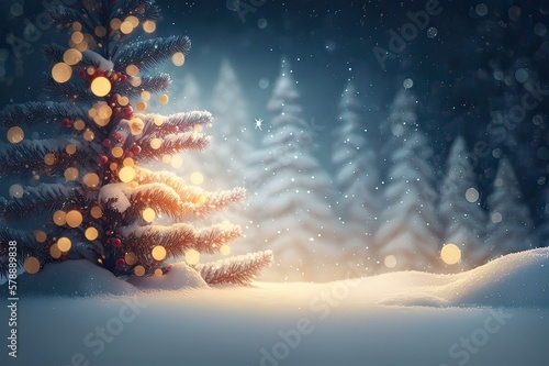 Christmas tree with snow and blurred lights backdrop. Photo generative AI