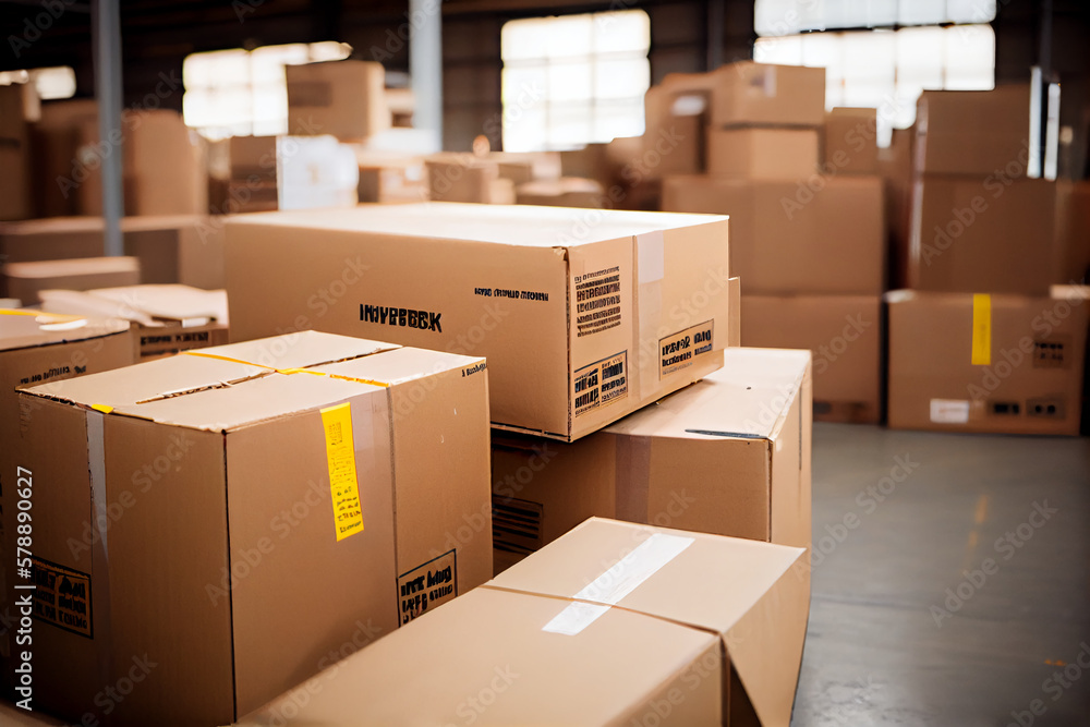 A warehouse filled with lots of boxes and boxes, Generative Ai A warehouse filled with lots of boxes and boxes, Generative Ai