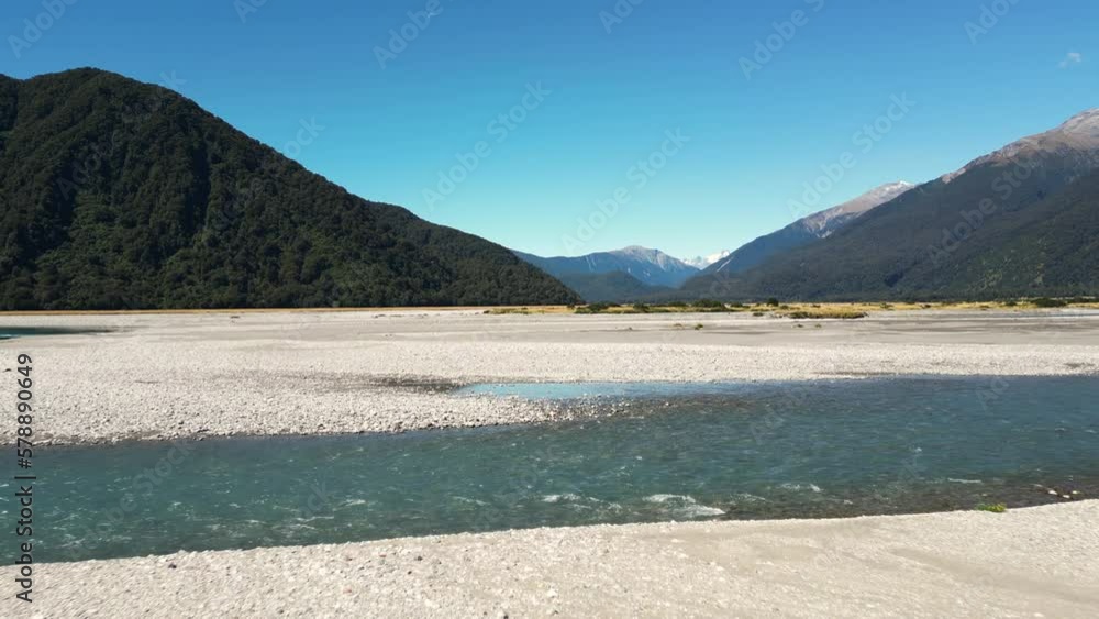 A drone shot of Haast river and mountains in New Zealand A drone shot of Haast river and mountains in New Zealand