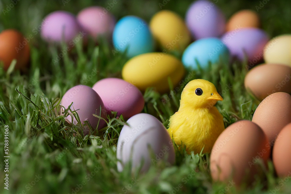 Easter yellow chick with colorful Easter painted eggs in a colorful meadow on Easter holiday, generative AI