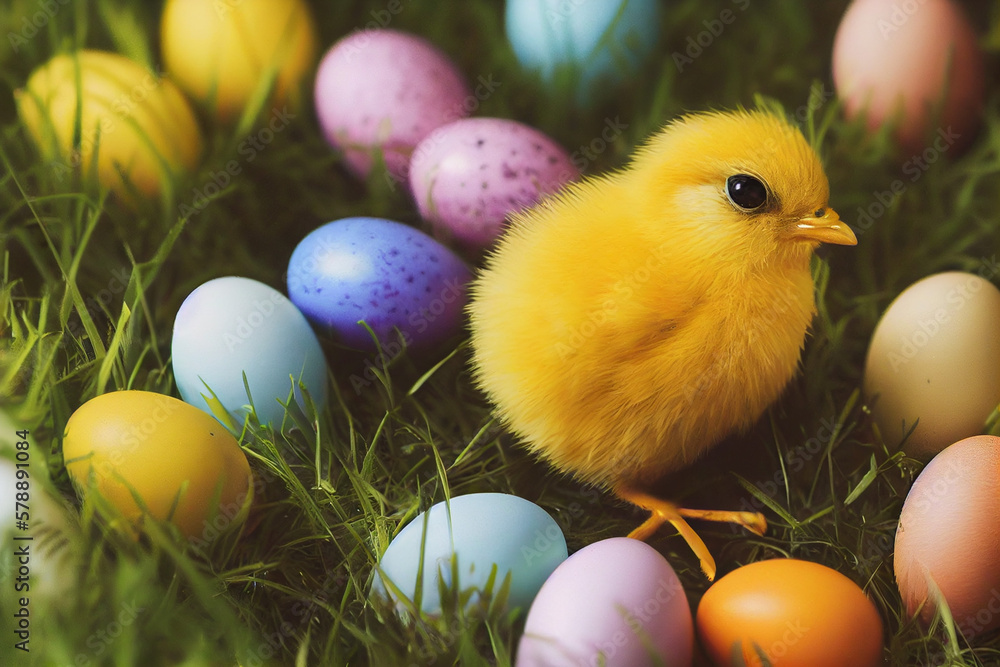 Easter yellow chick with colorful Easter painted eggs in a colorful meadow on Easter holiday, generative AI
