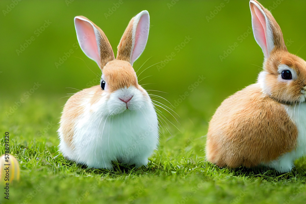 Easter bunny with colorful Easter painted eggs in a colorful meadow on Easter holiday, generative AI Easter bunny with colorful Easter painted eggs in a colorful meadow on Easter holiday, generative AI