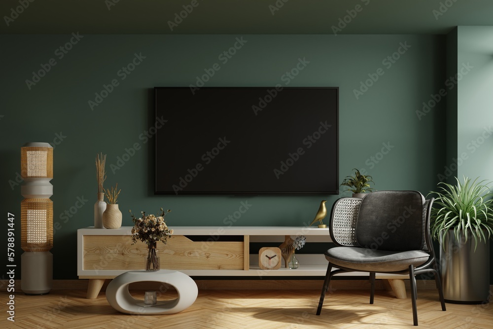 Wall mounted tv and with gray armchair in modern living room
