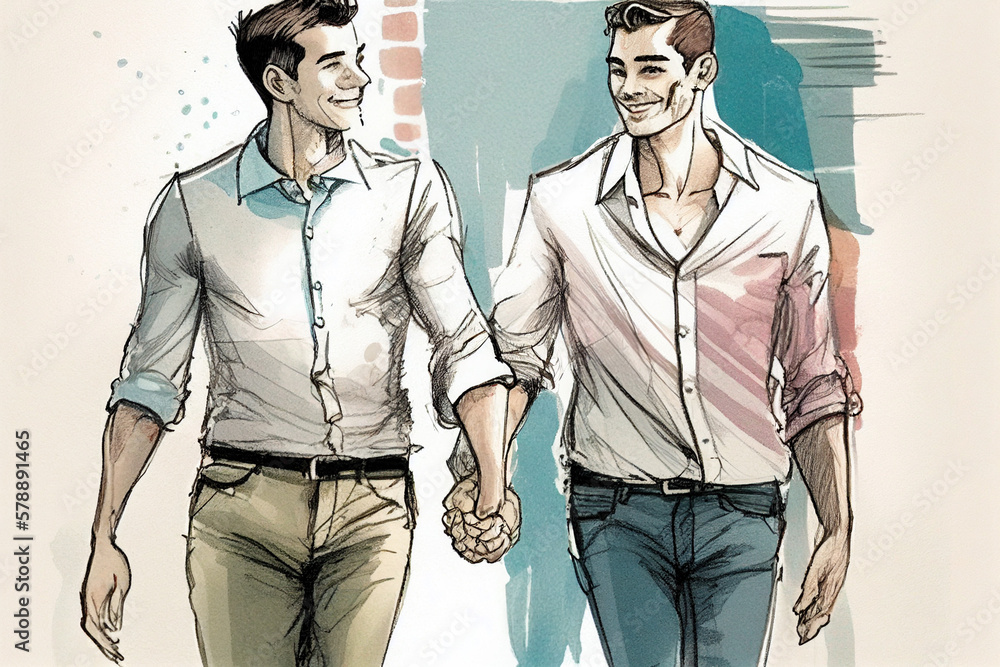 sketch of happy smiling gay couple holding hands, pride & proud, lgbt ...