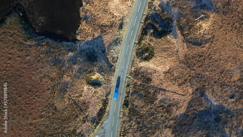 Top down spin view of Scottish Highland road traffic near Loch Loyne Scotland photo