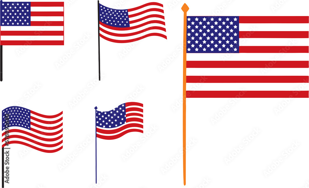 Set of different style Beautiful American flags. Symbol of patriotism, pride and nationalism.