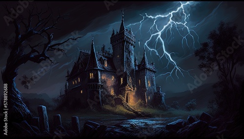 dark and stormy castle digital art illustration, Generative AI