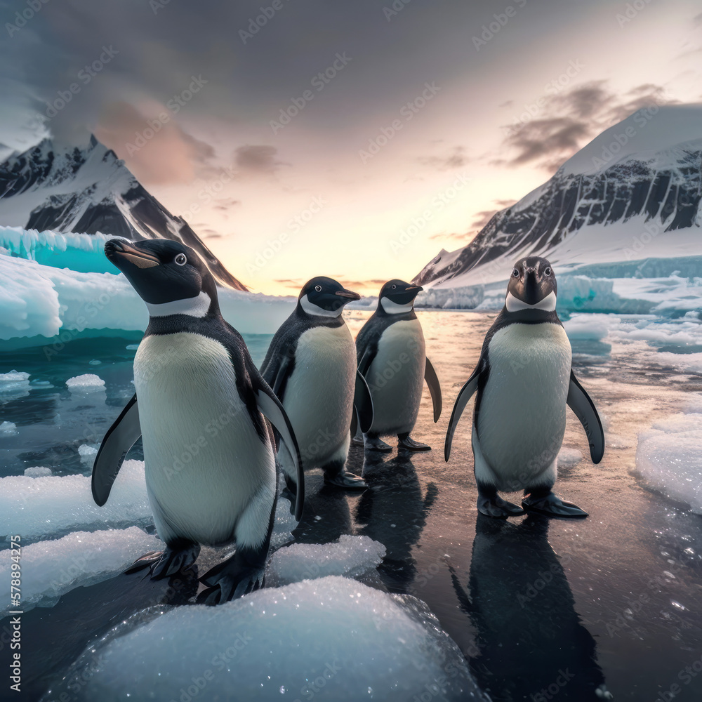 Obraz premium March of the Penguins: Waddling Through an Antarctic Valley Generative AI