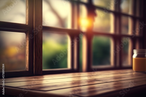 Background of wooden table in soft focus from window sill. Generative AI
