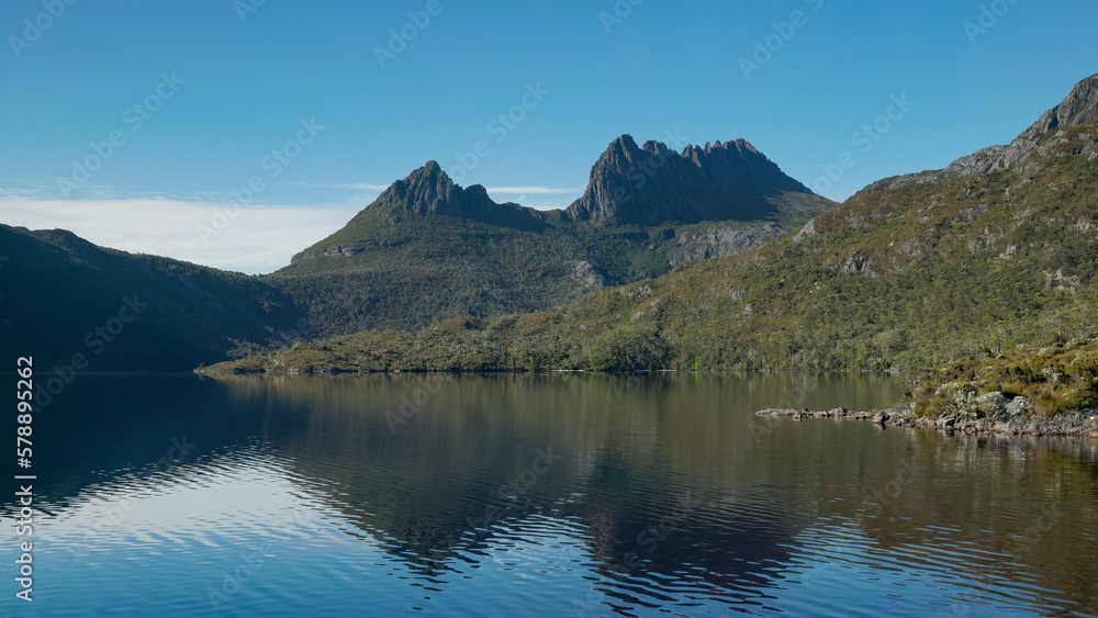 close view of cradle mountain and its reflection on dove lake in tasmania