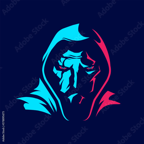 Hoodie assassin logo art portrait colorful design with dark background. Abstract vector illustration.